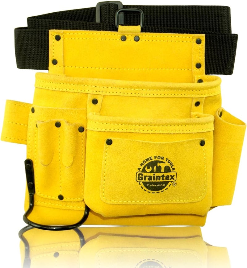 Graintex 5 Pocket Suede Leather Tool Belt/Bag | Yellow | Multipurpose Leather Tool Belt for Women and Men | Construction, Electrician, Handymen, Carpenter, Gardening Pouch and DIY Projects - Image 1