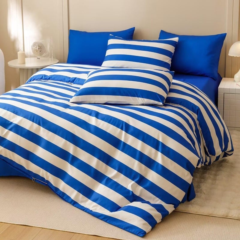 CLOTHKNOW Striped Full Size Comforter Sets 3Pcs Blue White Bedding Comforter Sets Blue White Stripes Comforter Soft Farmhouse Comforter Full with 2 x Pillowcases - Image 3