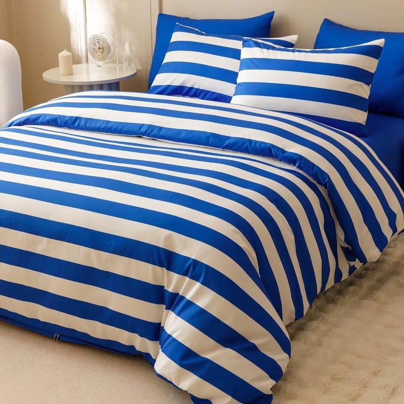 CLOTHKNOW Striped Full Size Comforter Sets 3Pcs Blue White Bedding Comforter Sets Blue White Stripes Comforter Soft Farmhouse Comforter Full with 2 x Pillowcases - Image 2