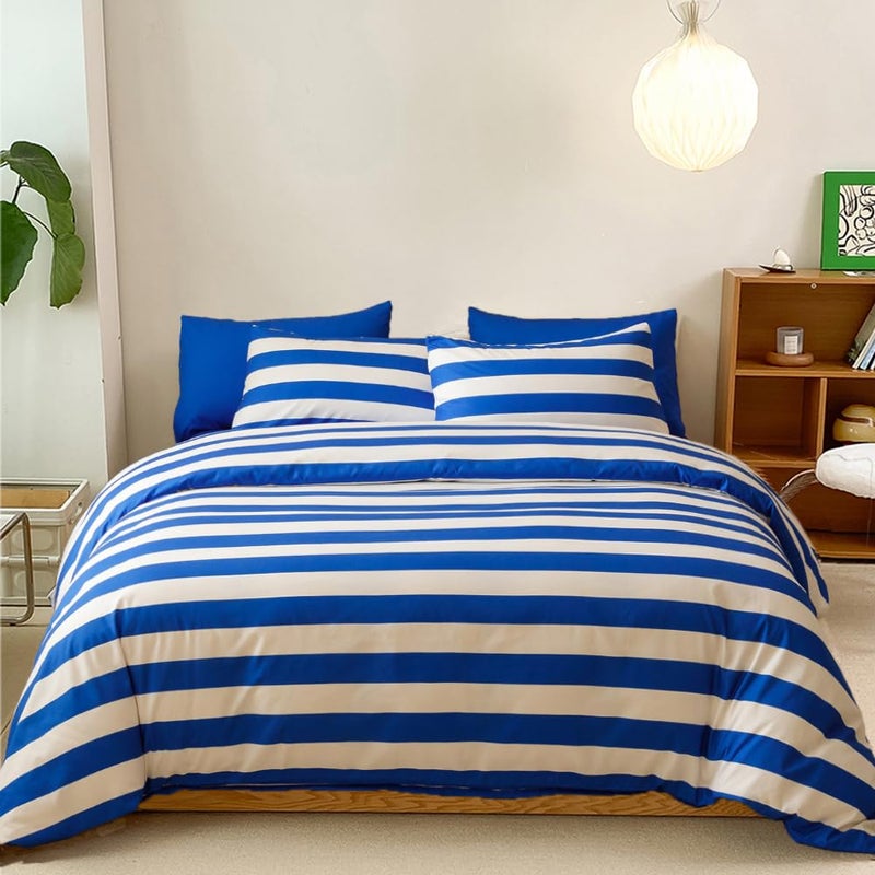 CLOTHKNOW Striped Full Size Comforter Sets 3Pcs Blue White Bedding Comforter Sets Blue White Stripes Comforter Soft Farmhouse Comforter Full with 2 x Pillowcases - Image 1