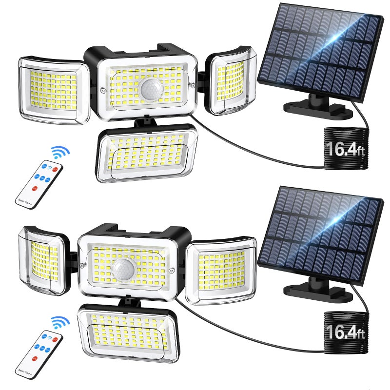 CLAONER Solar Outdoor Lights Motion Sensor 3500LM 288 LED Solar Security Lights with Remote Control IP67 Waterproof 4 Heads Solar Flood Lights with 164ft Cable 4 Modes Wall Lights2 Pack