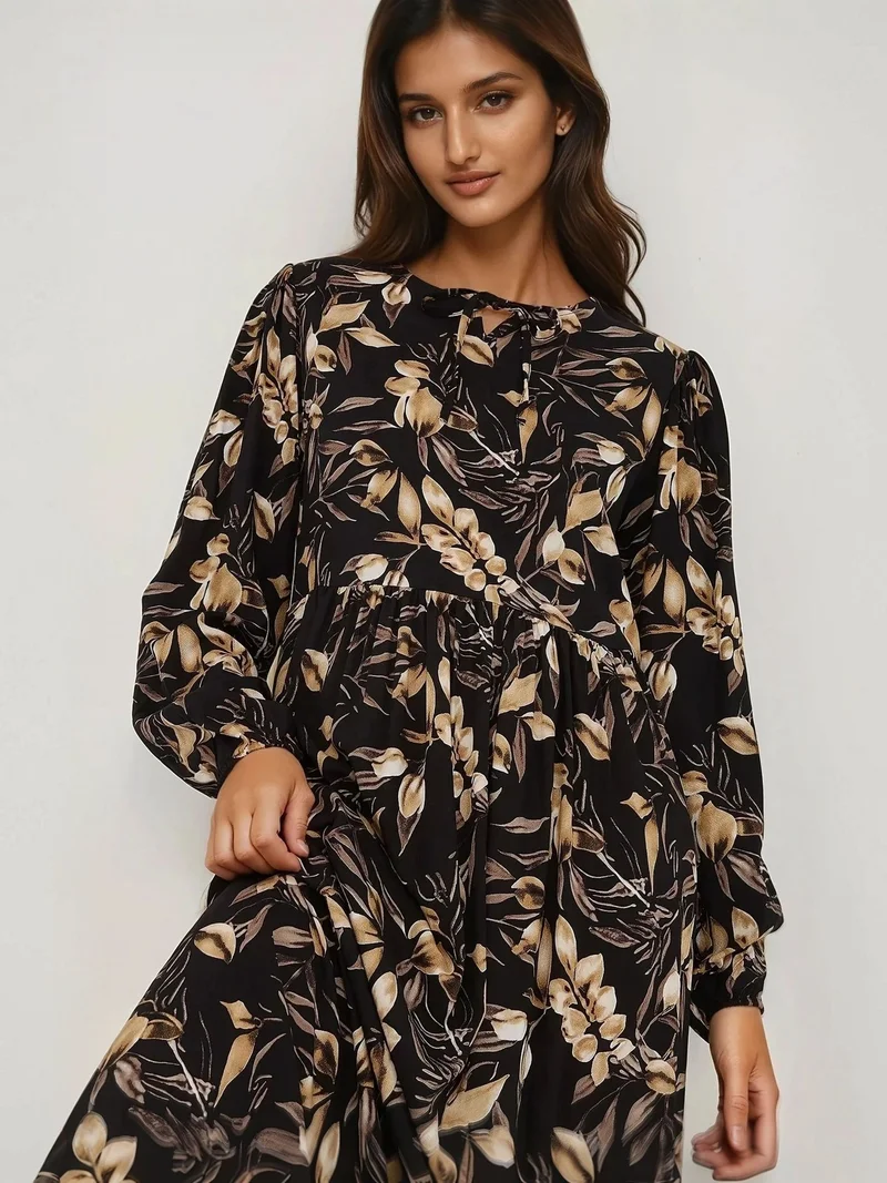 زوبعة فستان ماكسي طويل بأكمام طويلة وطبعة زهور من الفيسكوز