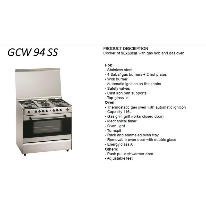 فرن غاز 90*60 سم 4 شعلة غاز + 2 شعلة كهرباء برتغالي 116 لتر سافان استيل - GCW94SS - Image 2
