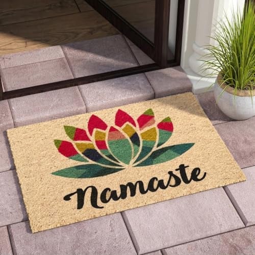 ATMAH Namaste Coir Doormat 40 x 60 cm | English Print Welcome Design | Anti Slip PVC Backing | Indoor & Covered Outdoor Entrance Mat, Multicolor - Image 1