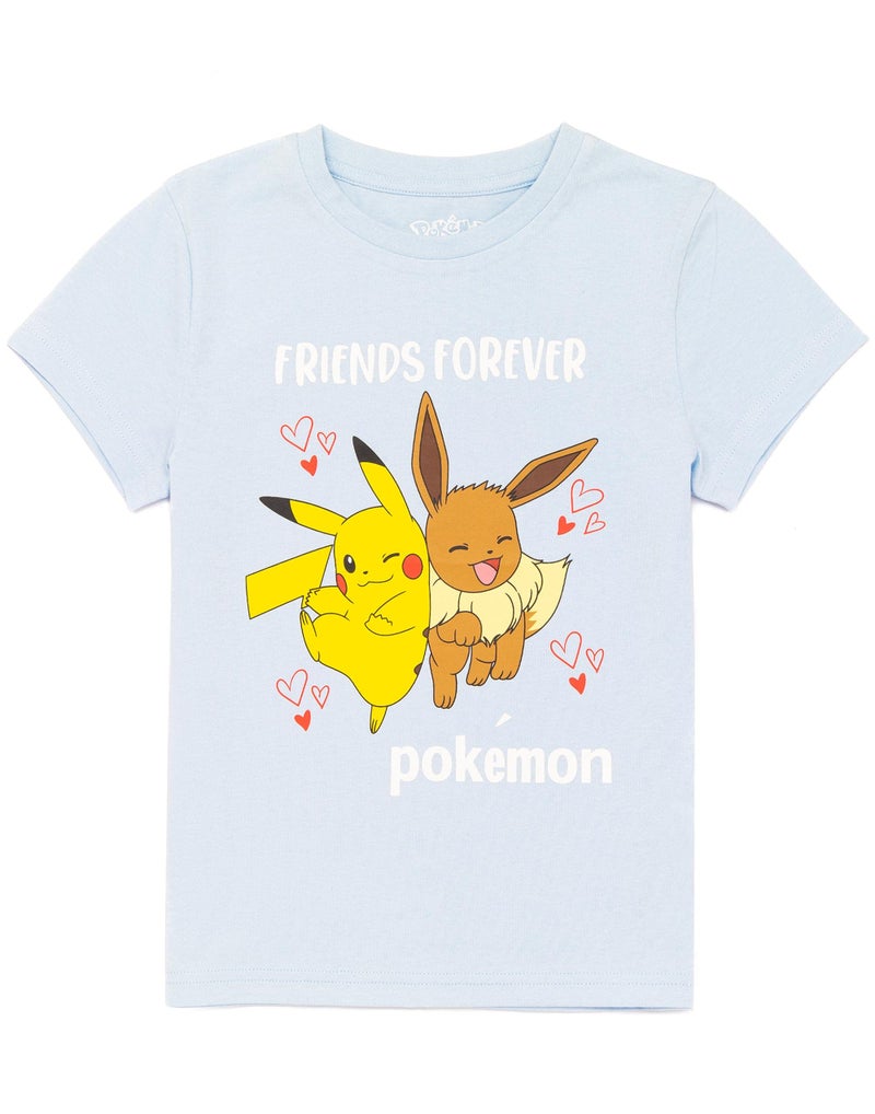 Pokemon T-Shirt Girls Kids Pikachu Eevee Friends Game Blue Top 9-10 Years - Image 1