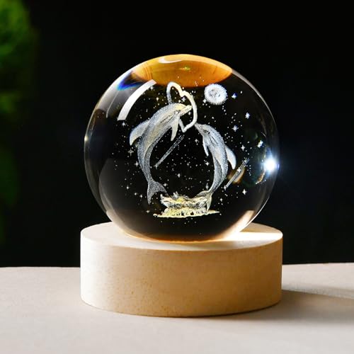 IFOLAINA Dolphin Gift 3D Dolphins Figurines in Crystal Ball 60mm Laser Engraved Glass Sphere Home Decor with Wooden Light Base - Image 1