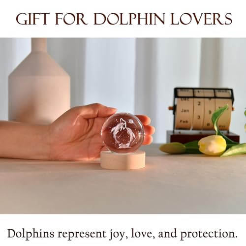 IFOLAINA Dolphin Gift 3D Dolphins Figurines in Crystal Ball 60mm Laser Engraved Glass Sphere Home Decor with Wooden Light Base - Image 5