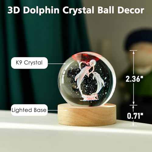 IFOLAINA Dolphin Gift 3D Dolphins Figurines in Crystal Ball 60mm Laser Engraved Glass Sphere Home Decor with Wooden Light Base - Image 4