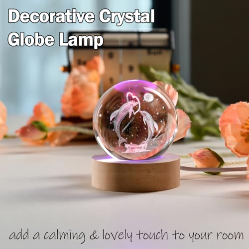 IFOLAINA Dolphin Gift 3D Dolphins Figurines in Crystal Ball 60mm Laser Engraved Glass Sphere Home Decor with Wooden Light Base - Image 2