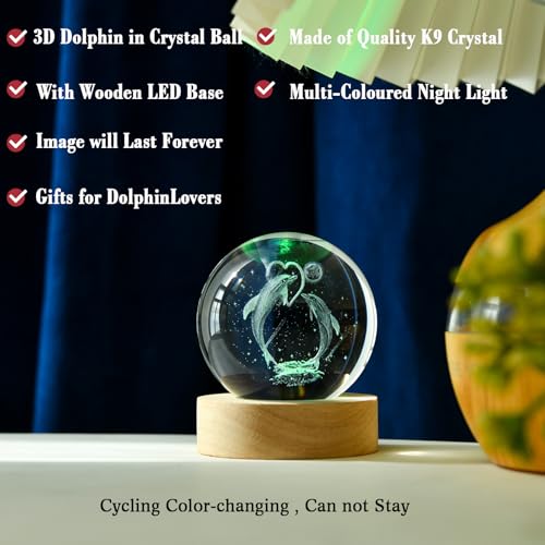 IFOLAINA Dolphin Gift 3D Dolphins Figurines in Crystal Ball 60mm Laser Engraved Glass Sphere Home Decor with Wooden Light Base - Image 3