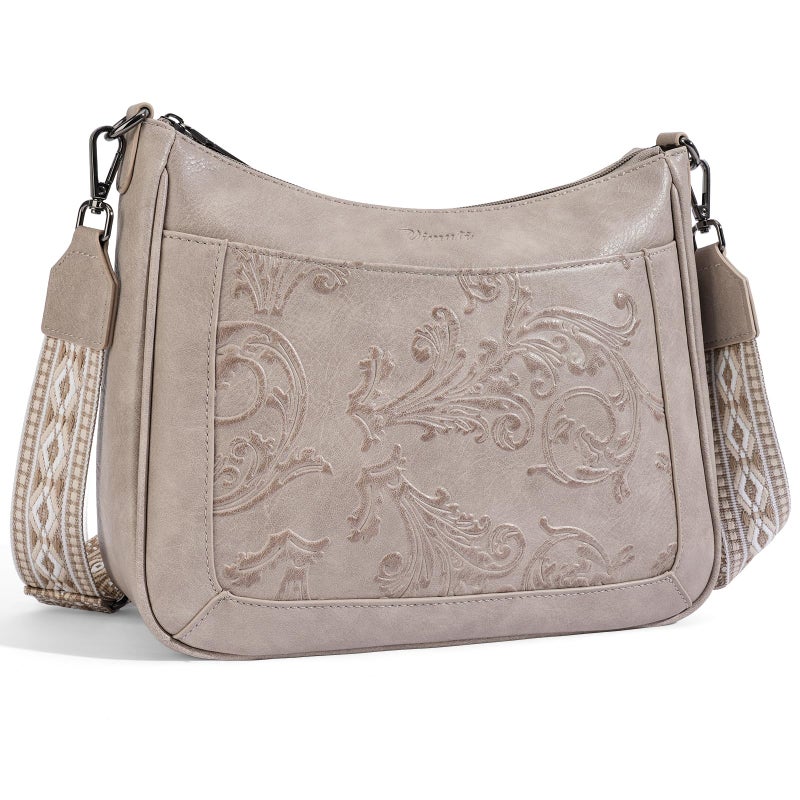 VIMUTI Crossbody Bags for Women,Vegan Leather Crossbody Purse with Adjustable Strap Embossed Flower Women's Shoulder Handbags (06-Gray) - Image 1
