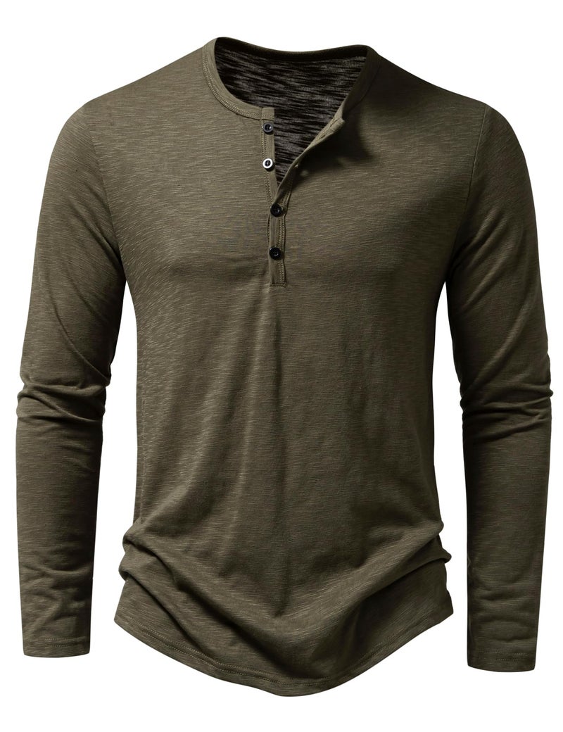 PARKLEES Men's Casual Stretchy Long Sleeve Henley T-Shirt Front Placket Muscle Workout Athletic 4 Buttons Tee Tops Army Green Large - Image 1