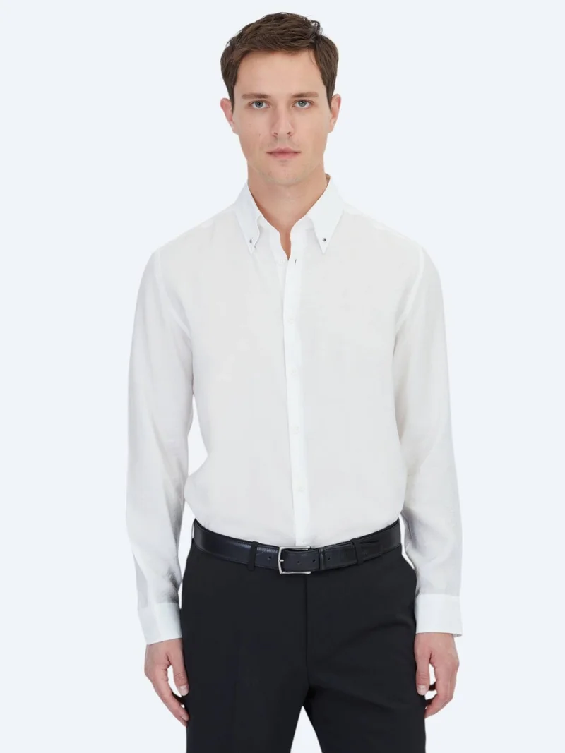 Kip White Regular Fit Long Weaving Casual Shirt