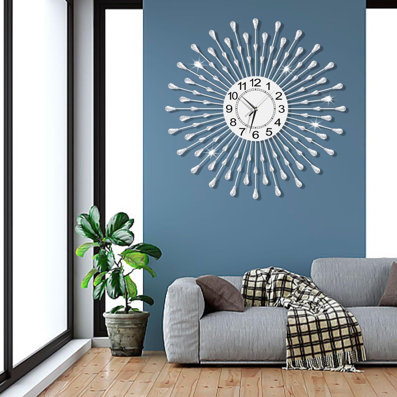 FMTAD Large Wall Clock Metal Decorative Wall Clocks Silent Non-Ticking,Bling Shining Modern Art Starburst Big Wall Clocks for Living Room Bedroom Dining Room Kitchen Decor,Dia 28 Inch Silver - Image 2