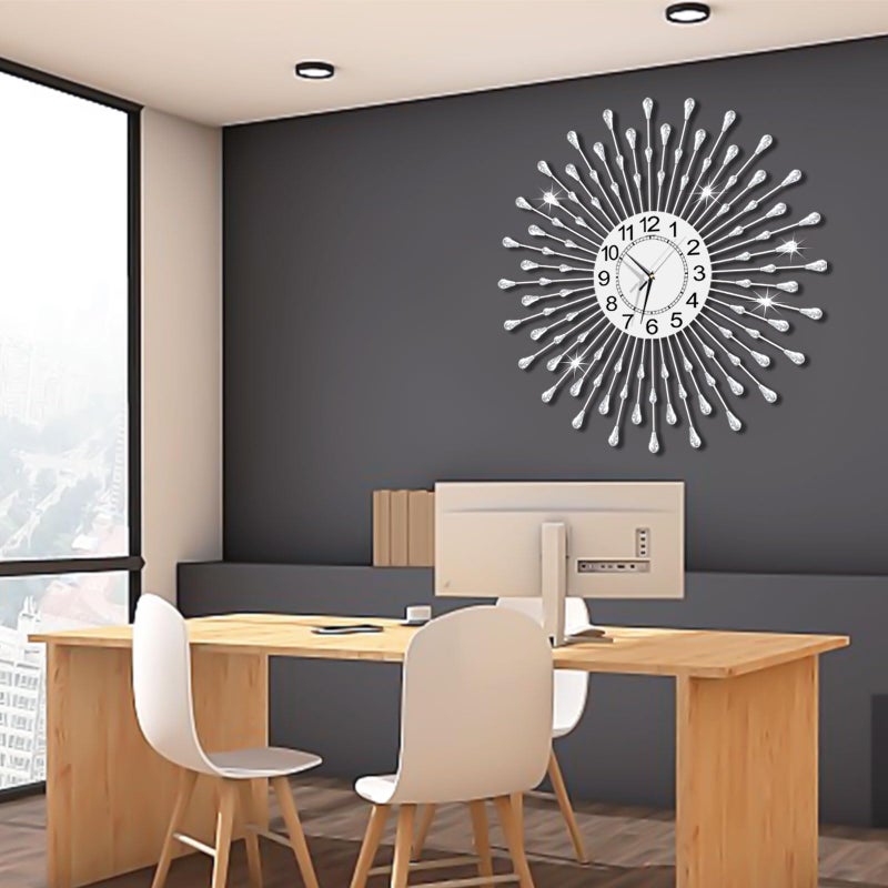 FMTAD Large Wall Clock Metal Decorative Wall Clocks Silent Non-Ticking,Bling Shining Modern Art Starburst Big Wall Clocks for Living Room Bedroom Dining Room Kitchen Decor,Dia 28 Inch Silver - Image 5