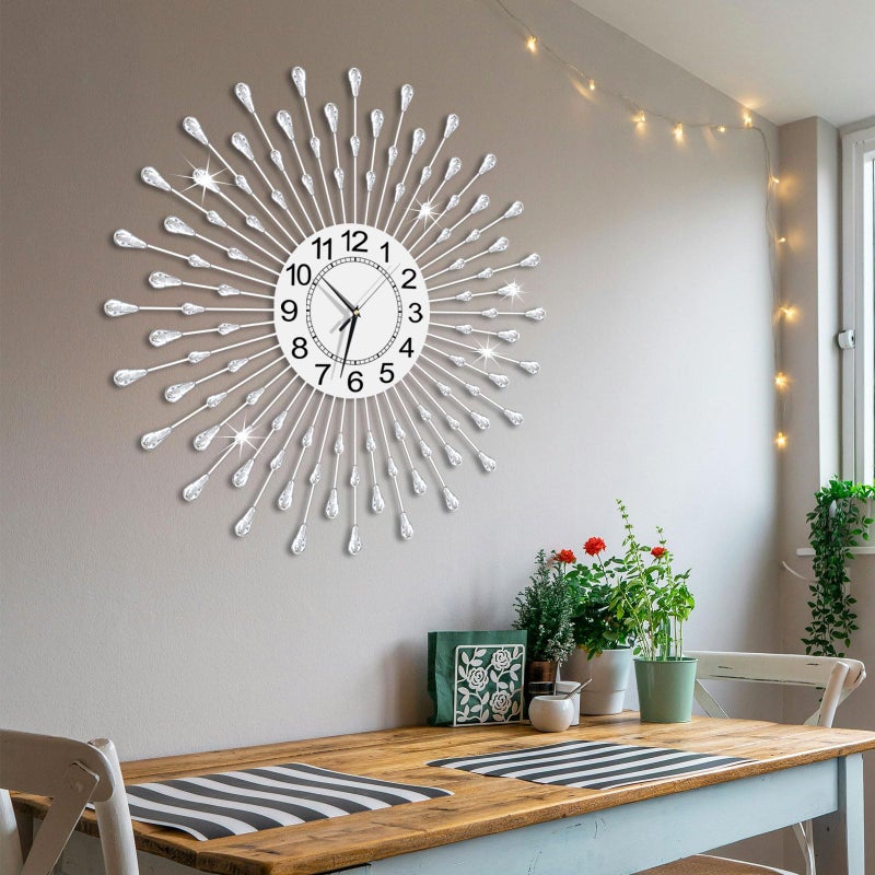FMTAD Large Wall Clock Metal Decorative Wall Clocks Silent Non-Ticking,Bling Shining Modern Art Starburst Big Wall Clocks for Living Room Bedroom Dining Room Kitchen Decor,Dia 28 Inch Silver - Image 3