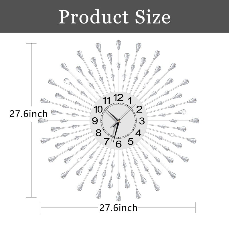 FMTAD Large Wall Clock Metal Decorative Wall Clocks Silent Non-Ticking,Bling Shining Modern Art Starburst Big Wall Clocks for Living Room Bedroom Dining Room Kitchen Decor,Dia 28 Inch Silver - Image 4