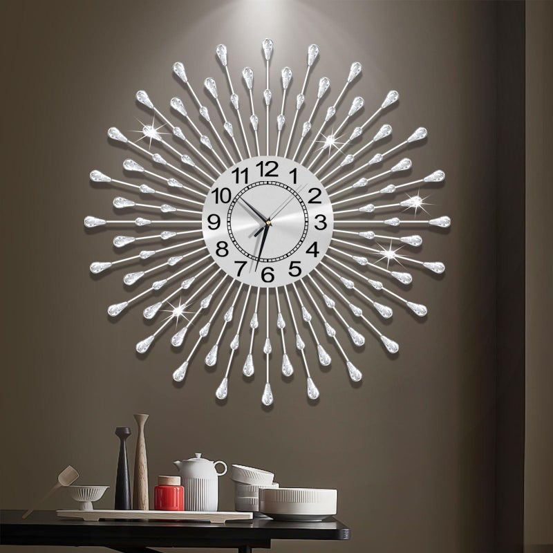 FMTAD Large Wall Clock Metal Decorative Wall Clocks Silent Non-Ticking,Bling Shining Modern Art Starburst Big Wall Clocks for Living Room Bedroom Dining Room Kitchen Decor,Dia 28 Inch Silver - Image 1