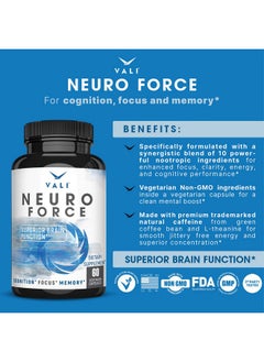 VALI Neuro Force Brain Booster Supplement For Focus Memory Clarity & Energy. Extra Strength Nootropic Cognitive Function Support For Mental Performance. With Natural Caffeine. 60 Veggie Capsules  - Image 4