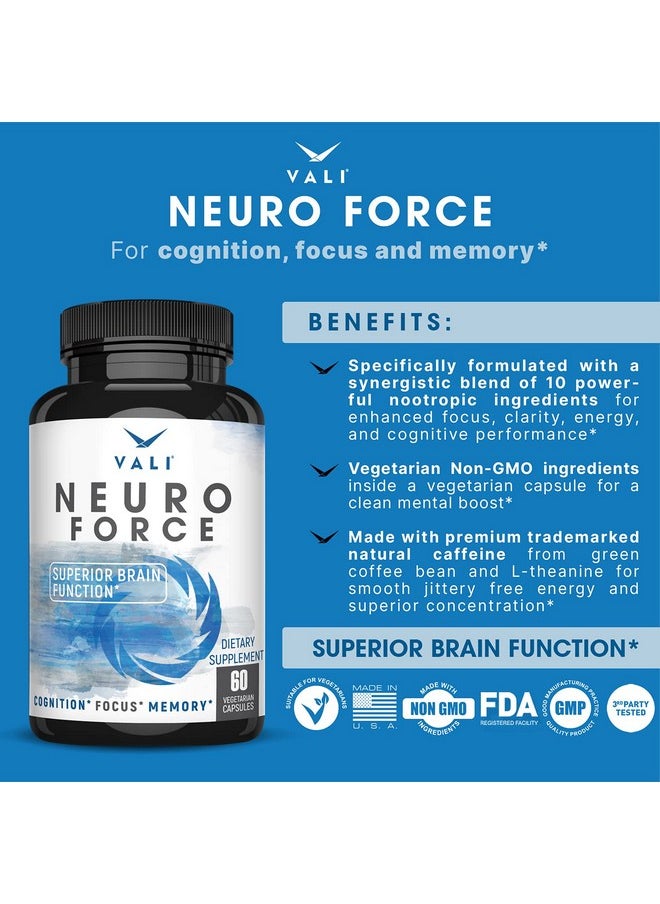 VALI - Neuro Force Brain Booster Supplement For Focus Memory Clarity & Energy. Extra Strength Nootropic Cognitive Function Support For Mental Performance. With Natural Caffeine. 60 Veggie Capsules - Image 1