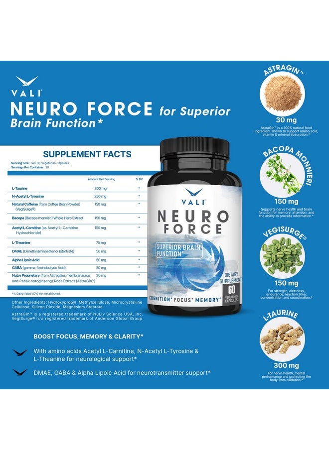 VALI - Neuro Force Brain Booster Supplement For Focus Memory Clarity & Energy. Extra Strength Nootropic Cognitive Function Support For Mental Performance. With Natural Caffeine. 60 Veggie Capsules - Image 1