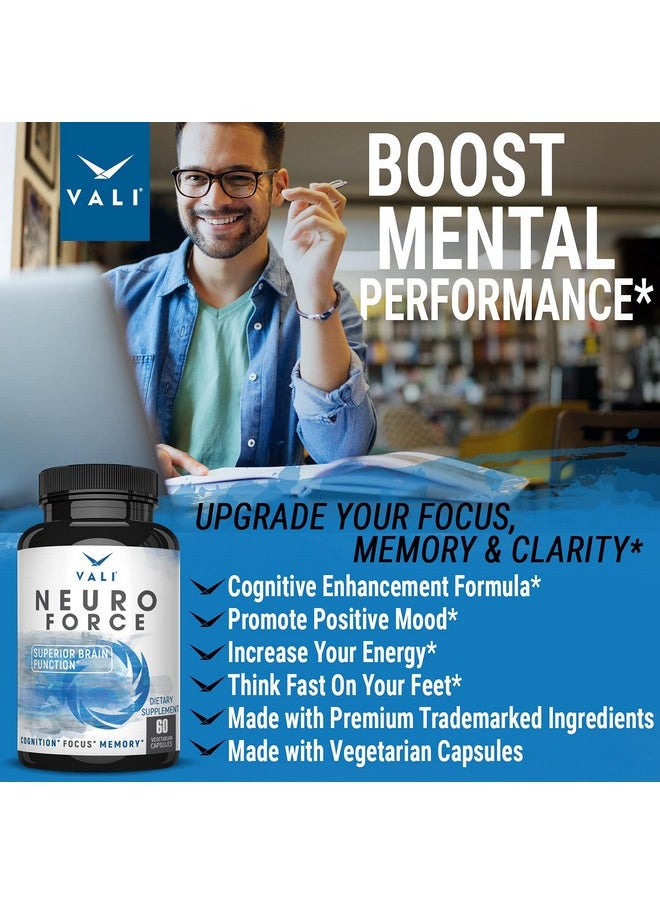 VALI - Neuro Force Brain Booster Supplement For Focus Memory Clarity & Energy. Extra Strength Nootropic Cognitive Function Support For Mental Performance. With Natural Caffeine. 60 Veggie Capsules - Image 1