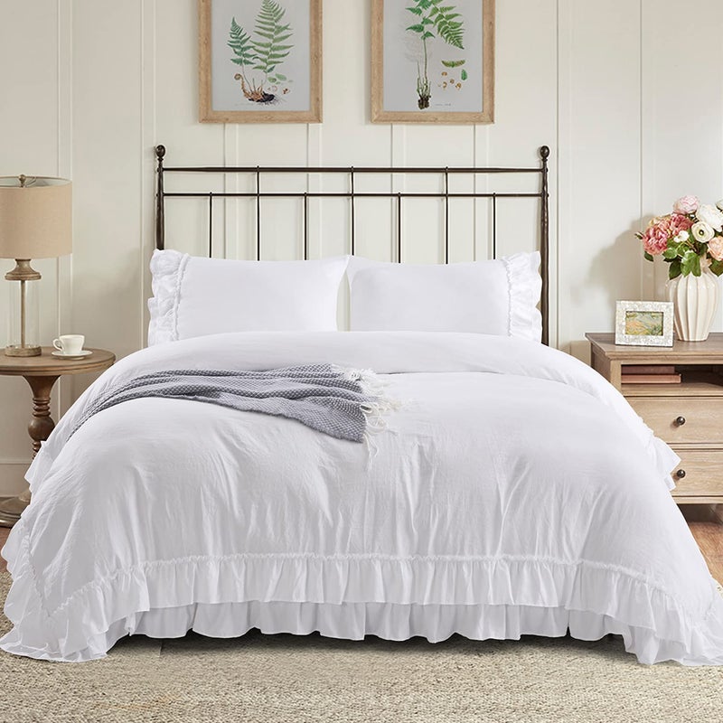 HIGI 3 Piece PreWashed Queen Off White Duvet Cover Set 2 Layers Ruffle with Solid Color Design Farmhouse Style Farmer House Comforter Cover Set with 4 Corner Ties Zipper Closure Hans