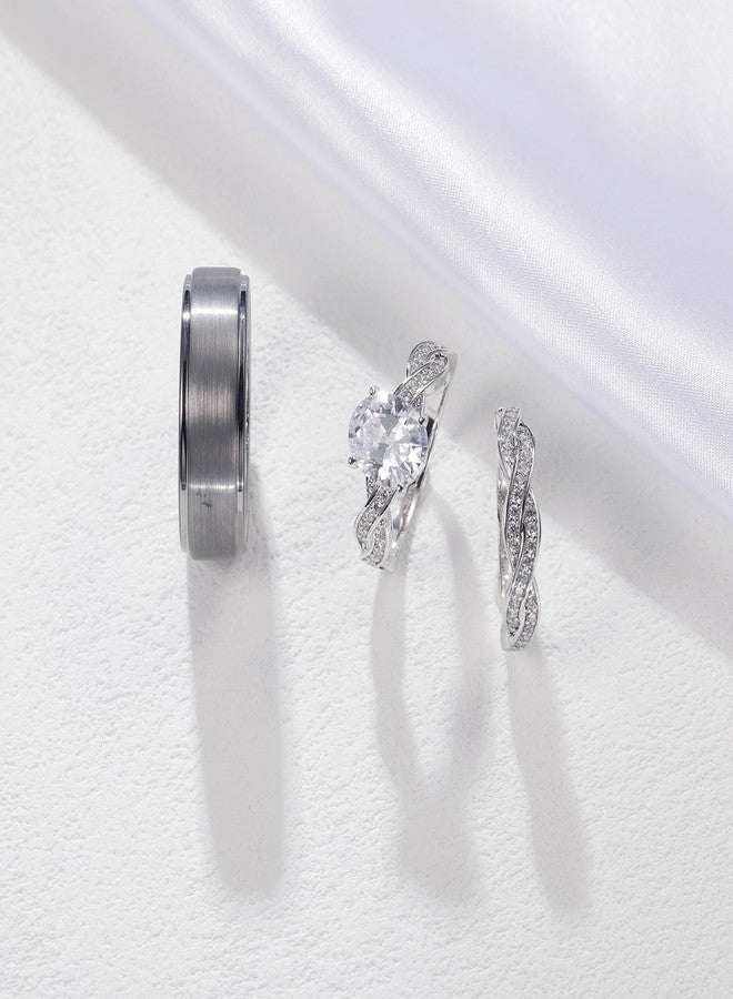 Corato 3PCS Wedding Rings for Him and Her,Matching Wedding Ring Sets,Wedding Bands for Couples,White Gold Plated 4CT Bridal Set with Oval Cut Cubic Zirconia women 8+men 10 - Image 5