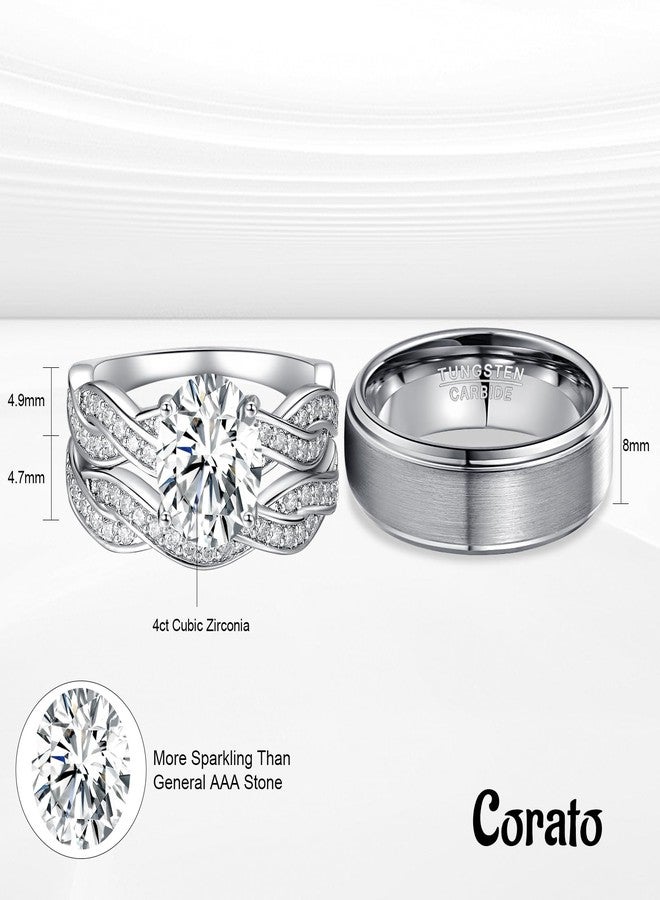 Corato 3PCS Wedding Rings for Him and Her,Matching Wedding Ring Sets,Wedding Bands for Couples,White Gold Plated 4CT Bridal Set with Oval Cut Cubic Zirconia women 8+men 10 - Image 4
