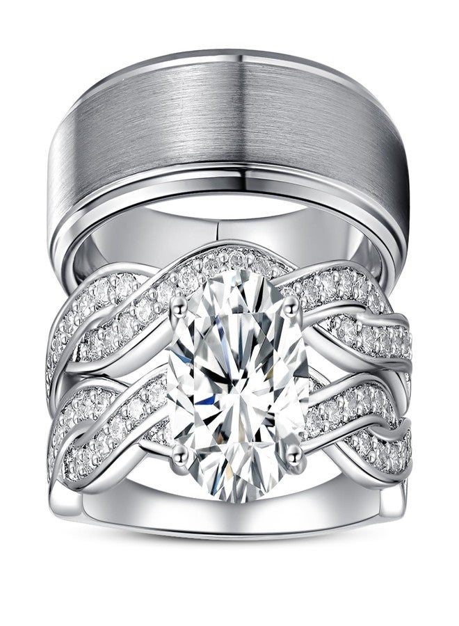Corato 3PCS Wedding Rings for Him and Her,Matching Wedding Ring Sets,Wedding Bands for Couples,White Gold Plated 4CT Bridal Set with Oval Cut Cubic Zirconia women 8+men 10 - Image 1