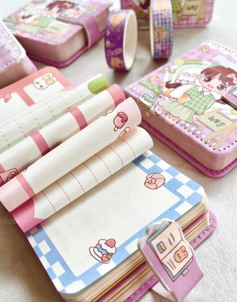 Kağıt Gemi Dükkan Paper Ship Shop Kawaii Cute Girl at School Purple Color Mini Notebook / Magnetic Organizer / bullet Journal
