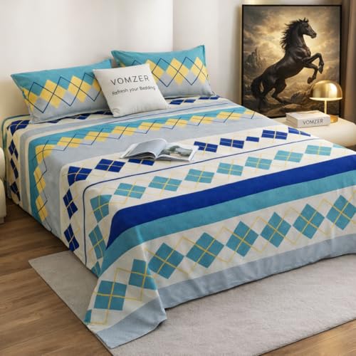 VOMZER Premium Cotton Feel Flat Bedsheet for Double Bed King Size – 300 TC Premium Flat Bedsheet for King Size Bed – Double Bed Bedsheet with 2 Pillow Covers Blue Box - Image 1