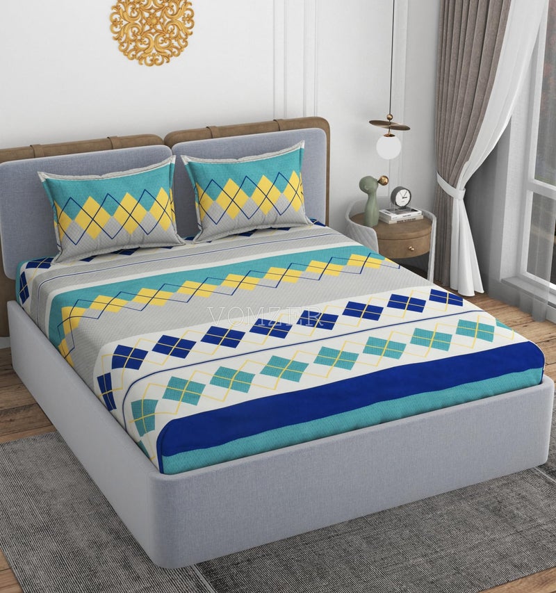 VOMZER Premium Cotton Feel Flat Bedsheet for Double Bed King Size – 300 TC Premium Flat Bedsheet for King Size Bed – Double Bed Bedsheet with 2 Pillow Covers Blue Box - Image 2