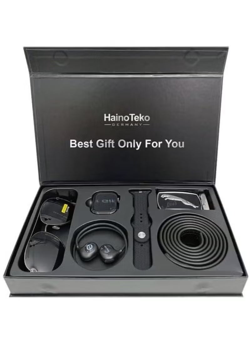 Haino Teko GP 22 Valued Combo Smart Watch Gift Box for Men – Premium All-in-One Tech & Fashion Set Including Waterproof AMOLED Smartwatch with Wireless Charger, Jaguar Buckle Leather Belt, Stylish UV Sunglasses & Bluetooth Neckband Earphones – Ideal Gift for Men - Image 1