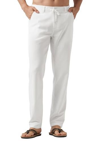 Willit Men's Linen Pants Casual Linen Dress Pants Drawstring Beach Summer Lightweight Trousers White 34W x 29L - Image 1