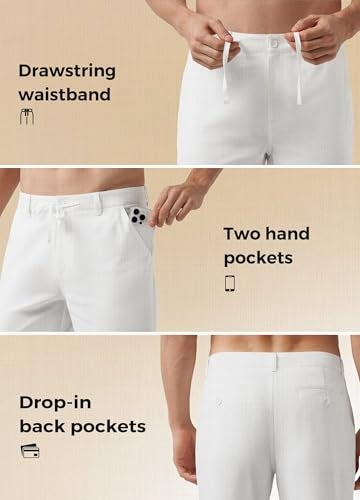 Willit Men's Linen Pants Casual Linen Dress Pants Drawstring Beach Summer Lightweight Trousers White 34W x 29L - Image 5