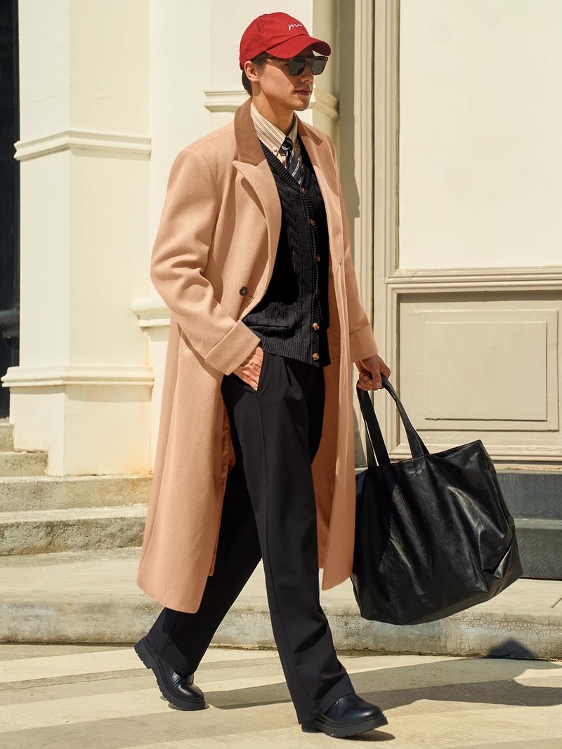 Runcati Mens Full Length Trench Coat Notched Lapel Long Jacket Double Breasted Classic Winter Overcoat - Image 4