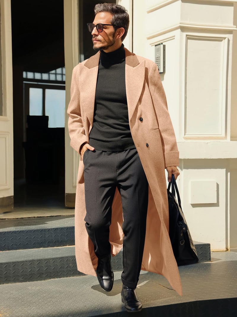 Runcati Mens Full Length Trench Coat Notched Lapel Long Jacket Double Breasted Classic Winter Overcoat - Image 2