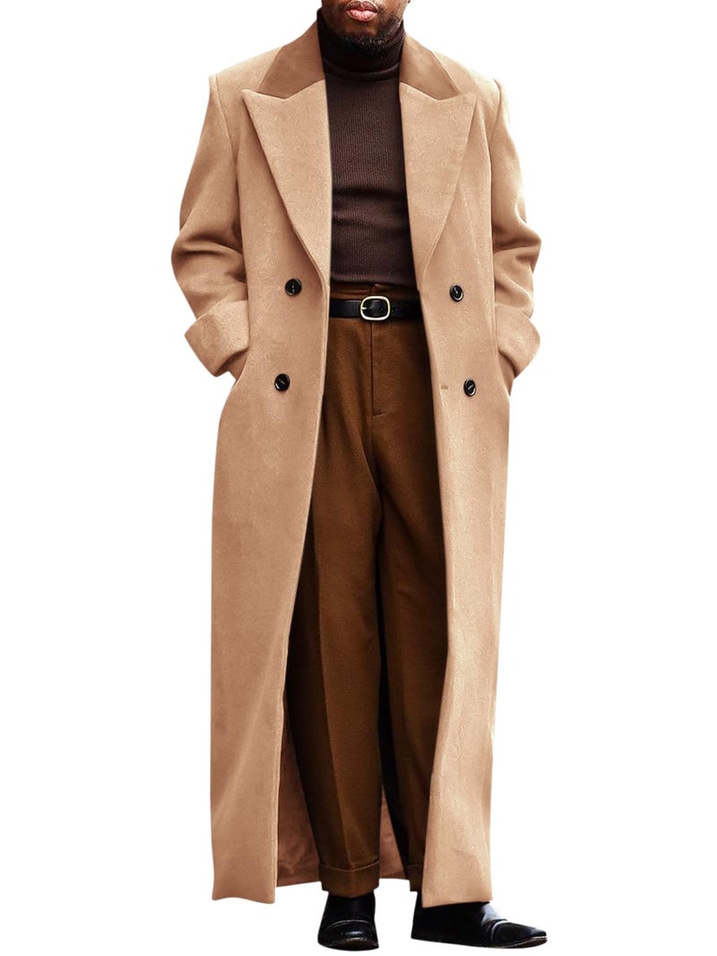Runcati Mens Full Length Trench Coat Notched Lapel Long Jacket Double Breasted Classic Winter Overcoat - Image 1