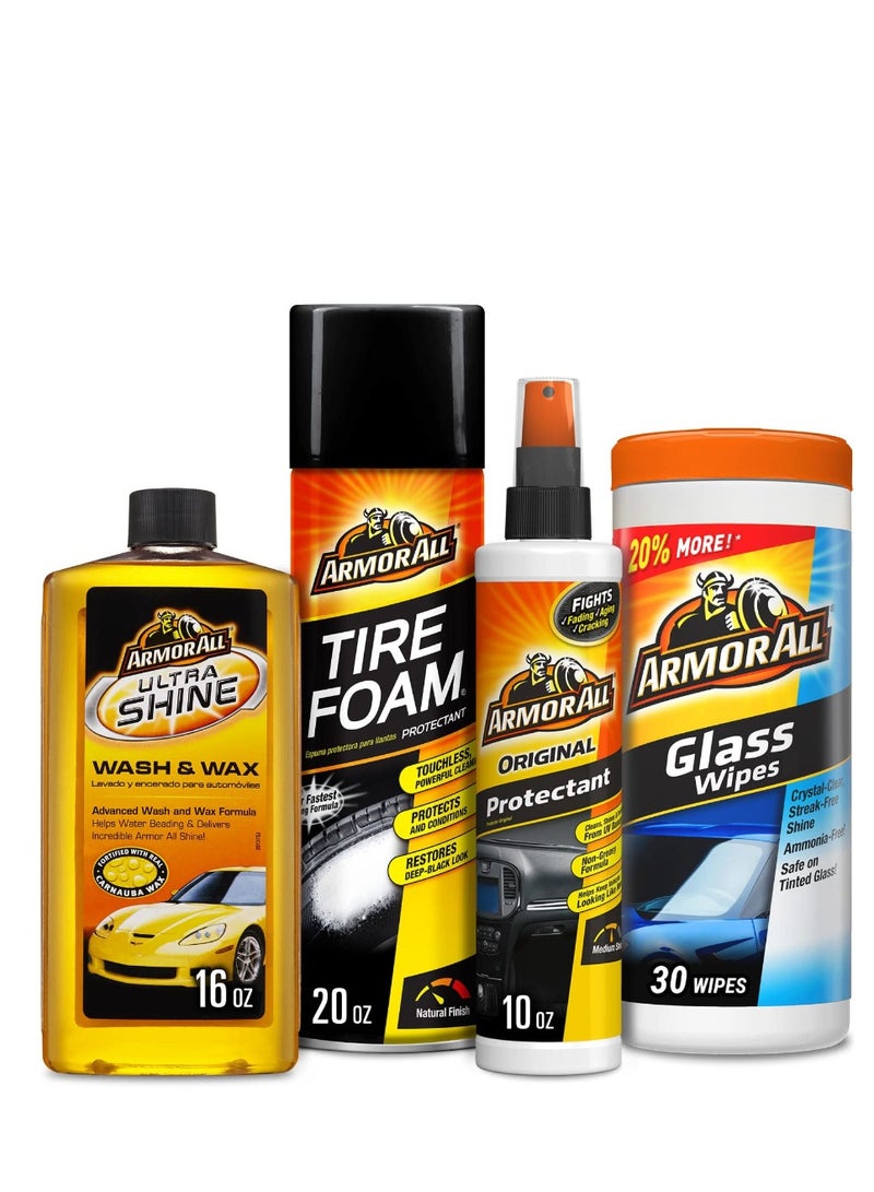 أرمور أول مجموعة غسيل وتنظيف السيارات  4 قطع من أرمور أول، تتضمن مناديل تنظيف الزجاج ومناديل زجاجية و  رغوه للاطارات  و غسول و واكس - Image 1