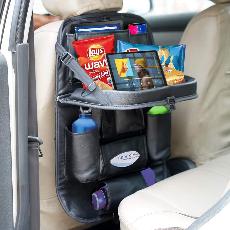 caddyFull PU Leather Car Back Seat Organiser with Folding Dining Table Tray, Ipad Holder, Mobile Holder, Multi Pocket Storage - Image 1