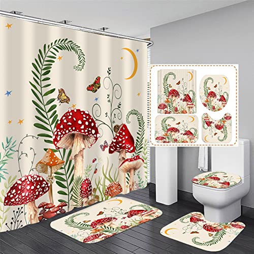 jieprom 4PCS Mushroom Butterfly Flower Bathroom Shower Curtain Set with Rugs, Toilet Lid Cover and Bath Mat, Moon Stars Shower Curtain with 12 Hooks, Durable Retro Bathroom Decor Set - Image 1