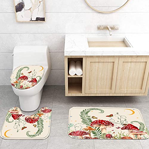 jieprom 4PCS Mushroom Butterfly Flower Bathroom Shower Curtain Set with Rugs, Toilet Lid Cover and Bath Mat, Moon Stars Shower Curtain with 12 Hooks, Durable Retro Bathroom Decor Set - Image 2