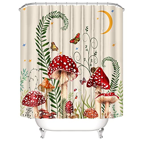 jieprom 4PCS Mushroom Butterfly Flower Bathroom Shower Curtain Set with Rugs, Toilet Lid Cover and Bath Mat, Moon Stars Shower Curtain with 12 Hooks, Durable Retro Bathroom Decor Set - Image 3