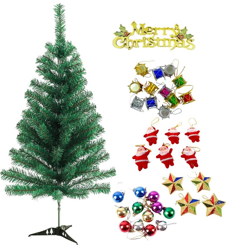 Evisha 3 Feet Long Artificial Christmas Tree and Merry Christmas tag 12 Drum 12 Multi Balls 6 Red Santa 4 Multi Stars Total 35 Pcs Hanging XMass Christmas Decoration - Image 1