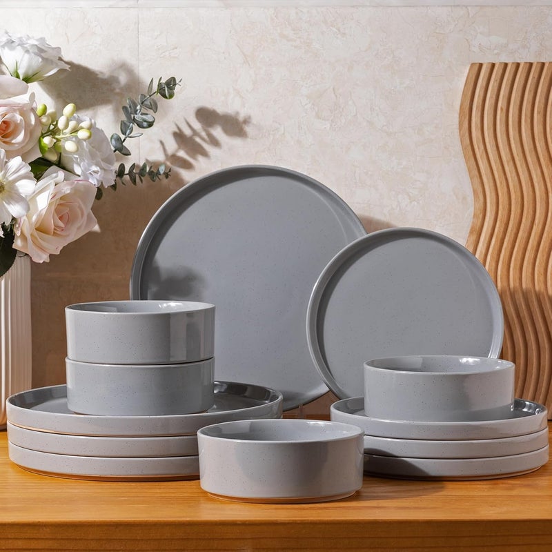AmorArc Ceramic Dinnerware Set for 4  Speckled Stoneware Plates and Bowls with unglazed terracotta  Scratch Resistant Dishwasher  Microwave Safe Dishes Sets 12Pcs Gray - Image 1