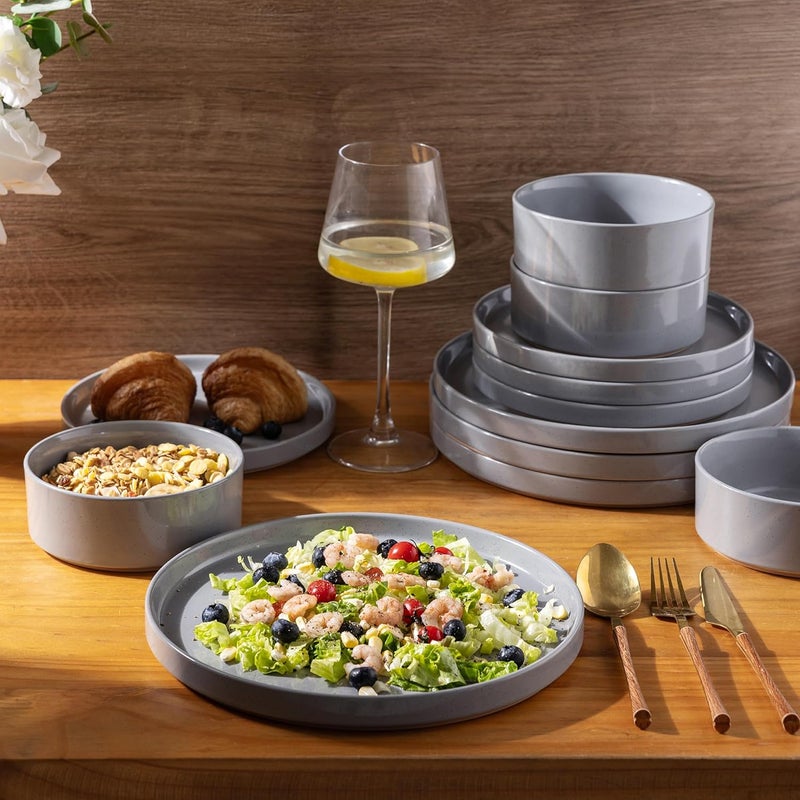 AmorArc Ceramic Dinnerware Set for 4  Speckled Stoneware Plates and Bowls with unglazed terracotta  Scratch Resistant Dishwasher  Microwave Safe Dishes Sets 12Pcs Gray - Image 3