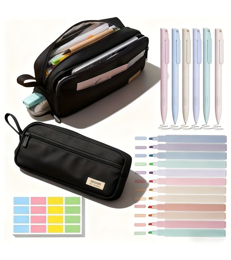 ٢٩ قطعة من مجموعة اللوازم المدرسية والمكتبية الزرقاء الشاملة، حقيبة أقلام متعددة الوظائف ذات سعة كبيرة، تحتوي على ١٢ قلم تمييز، ١٠ ملصقات، ٦ أقلام حبر جاف ملونة، وصندوق تخزين مضغوط ومتين - Image 1