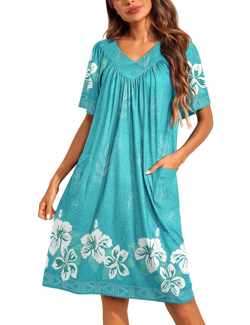 Ekouaer Moo Moos for Wommen Floral Print House Dress with Pockets Nightgown Mumu Dresses Green L - Image 1