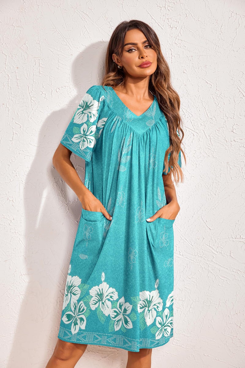 Ekouaer Moo Moos for Wommen Floral Print House Dress with Pockets Nightgown Mumu Dresses Green L - Image 4